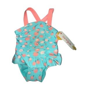 New Girls Cat & Jack One Piece Swimsuit Snaps @ Bottom UPF 50+ Aqua Peach 🍑3-6M